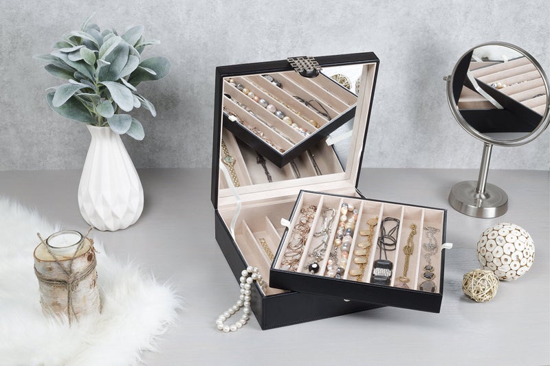 Glenor Co 12 Section Necklace Organizer - Large Mirror - 2 Trays - PU Leather - Black - Jewelry Box - Modern Buckle Closure - Fits Necklace & Bracelet - Jewelry Holder for Women Teens & Girls - Image 2